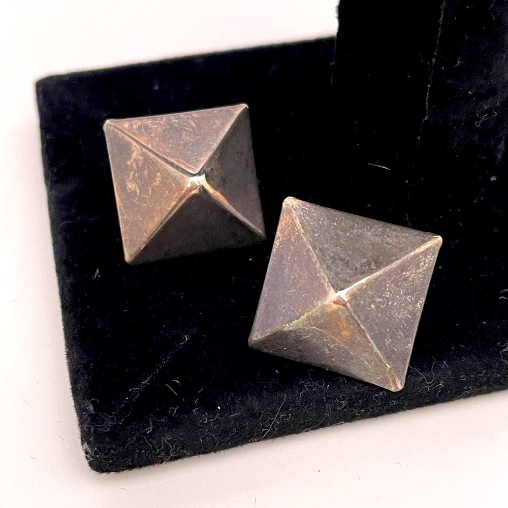 Vintage Silver Tone Whimsical Goth Edgy Grunge Punk Geometric Stud Earrings
